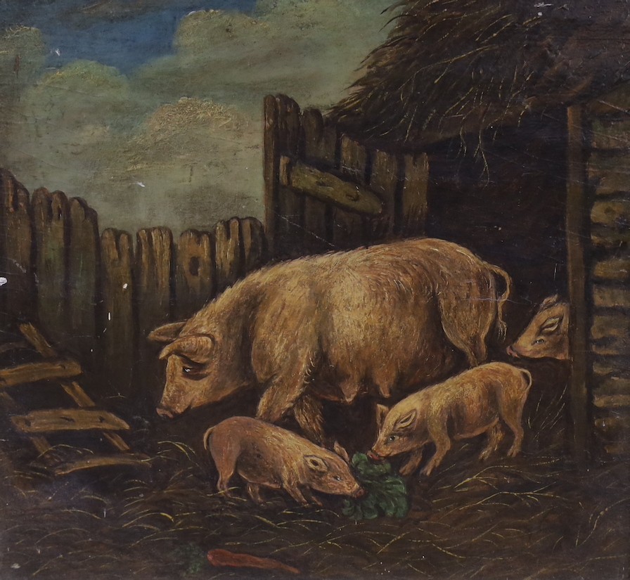 English School, oil on board, Primitive study of pigs in a stye 28 x 30cm and a small late 19th century oil riverscape, 14 x 19cm